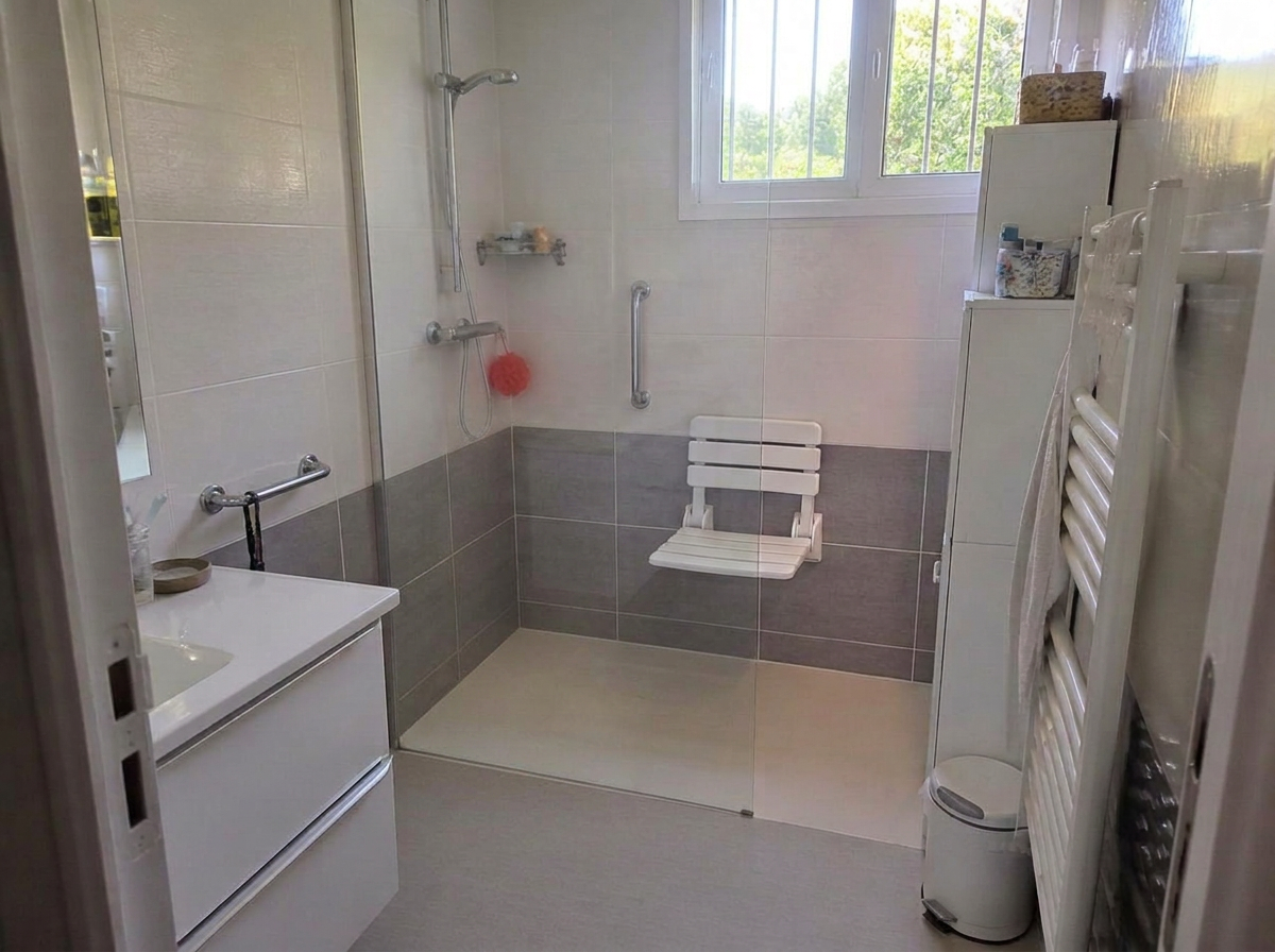 Salle de bain adaptée séniors avec douche à l'italienne et barres de maintien